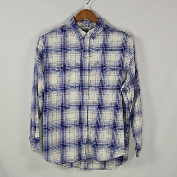 Old Navy Boyfriend Shirt L Blue White Plaid 100%‎ Cotton Flannel Oversized Fit - Picture 1 of 11